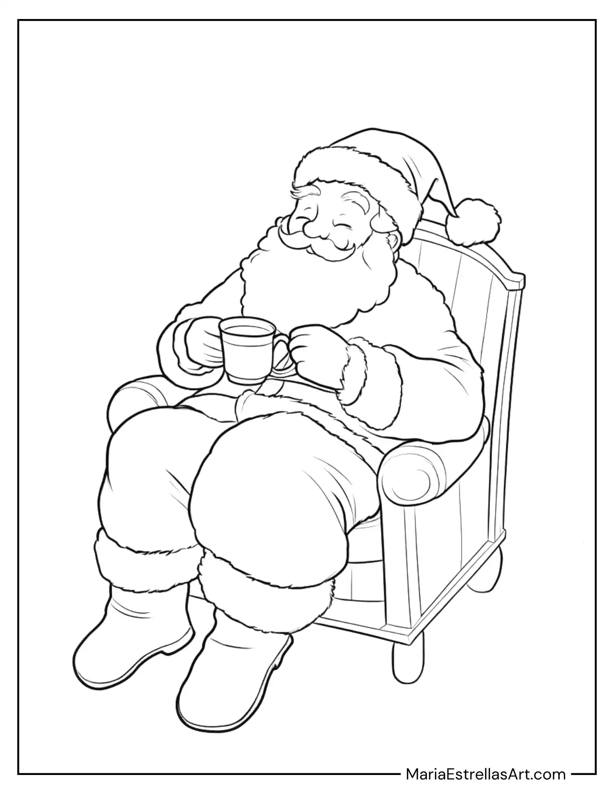 Santa Resting With a Cup of Hot Cocoa to Color for Kids