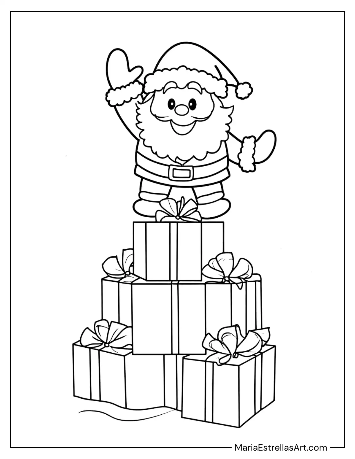 Santa Waving From the Top of a Giant Present Stack Coloring Sheet