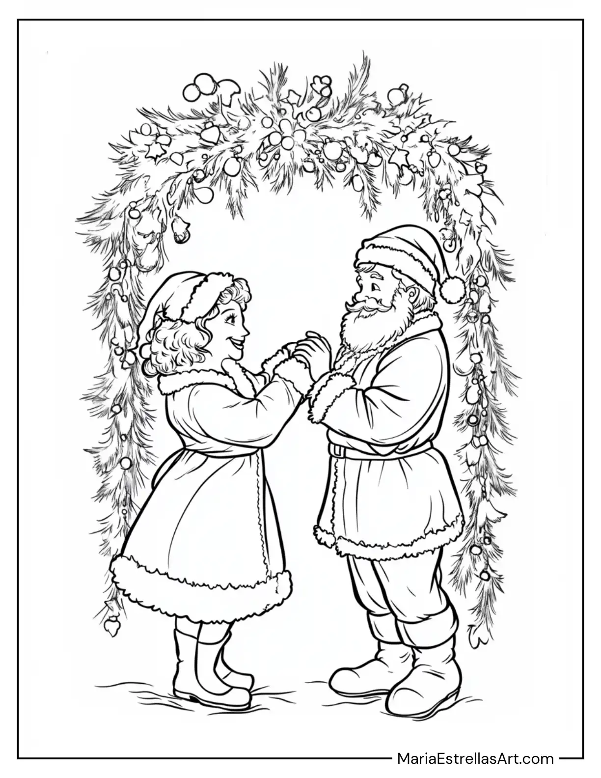 Santa and Mrs. Claus Dancing Under a Mistletoe Arch Coloring Sheet