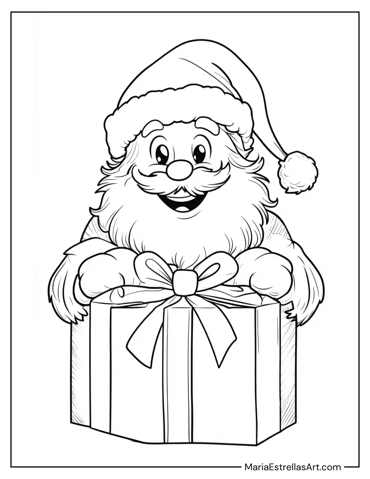 Santa’s Face Peeking From Behind a Present to Color for Kids