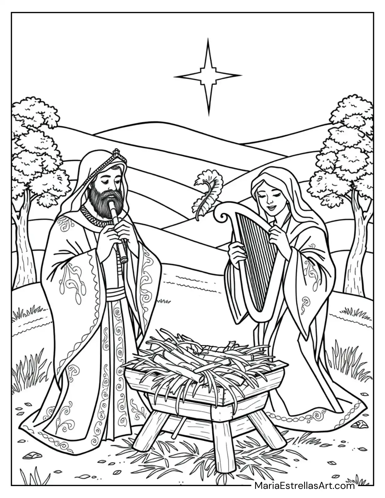 Shepherds Playing Flutes and Harps Near the Manger Nativity Coloring Page