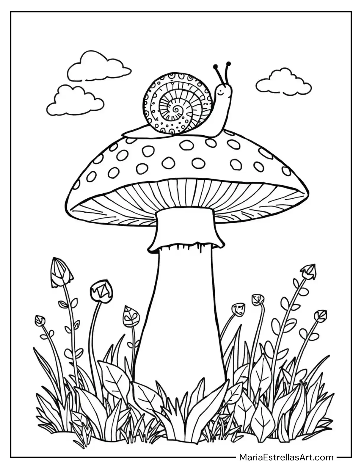 Snail Resting on Top of a Mushroom Cap Coloring Page