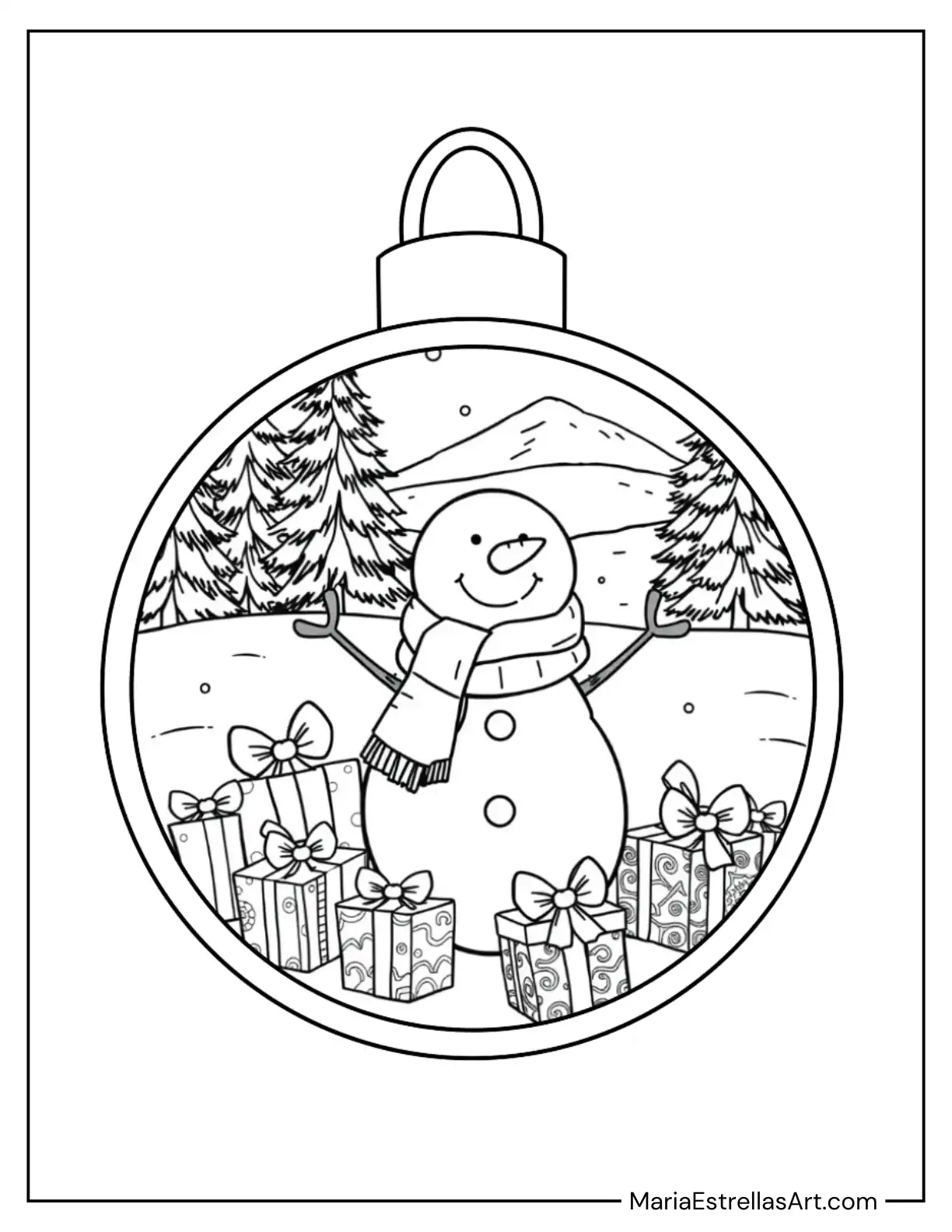 Snowman Wrapped in a Scarf with Presents in a Christmas Ornament Coloring Page