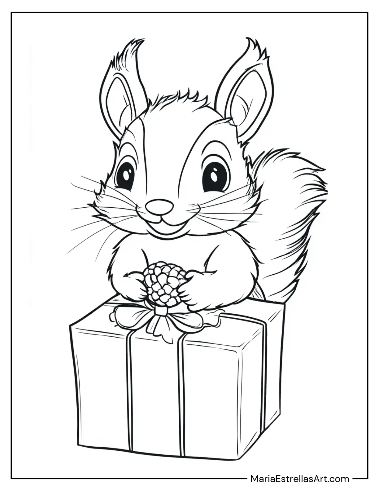 Squirrel Hiding Acorns Inside a Christmas Present Coloring Sheet