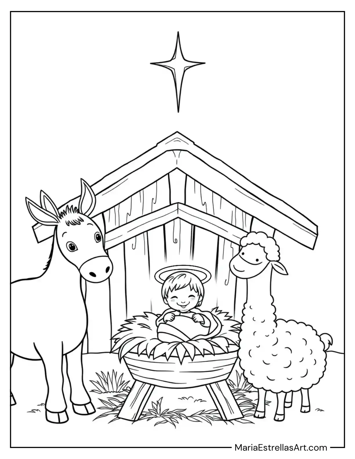 The Animals of the Stable With Halos Over Baby Jesus