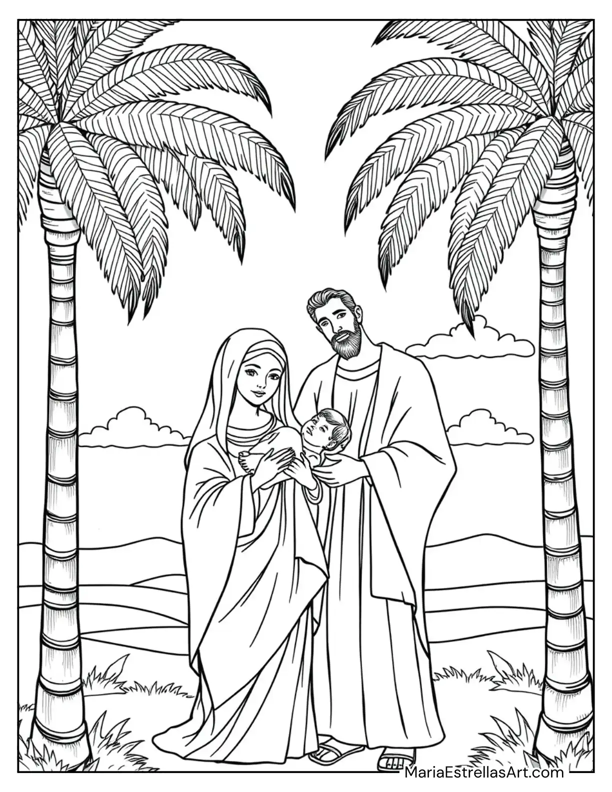 The Holy Family Framed by Arches of Palm Trees Nativity Coloring Sheet