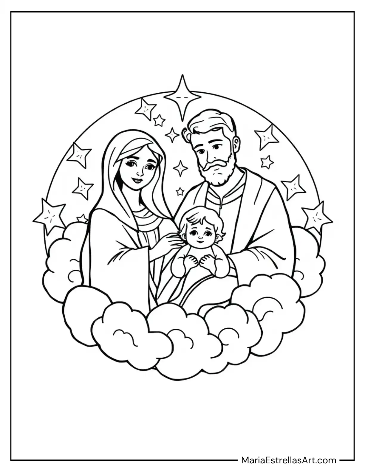 The Holy Family Framed by a Circle of Floating Clouds and Stars