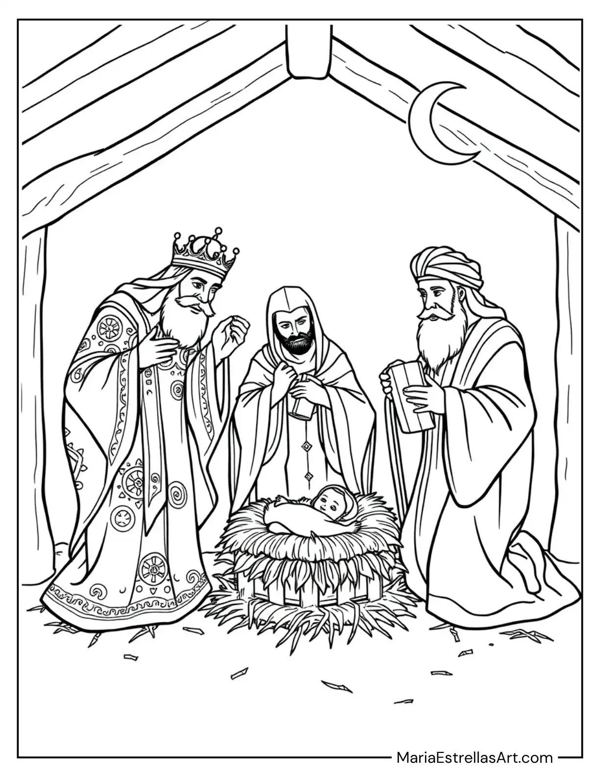 The Three Kings Bowing Before Baby Jesus in the Stable