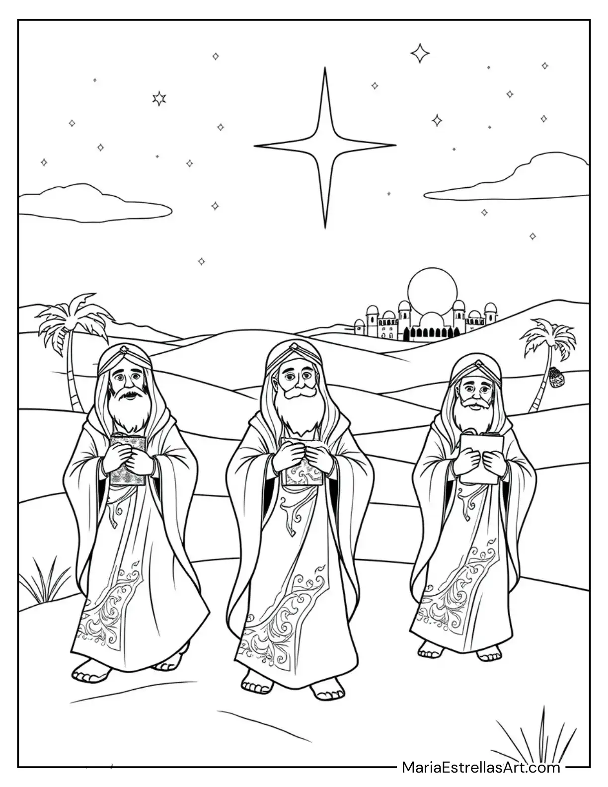 The Wise Men and Their Gifts Nativity Coloring Page