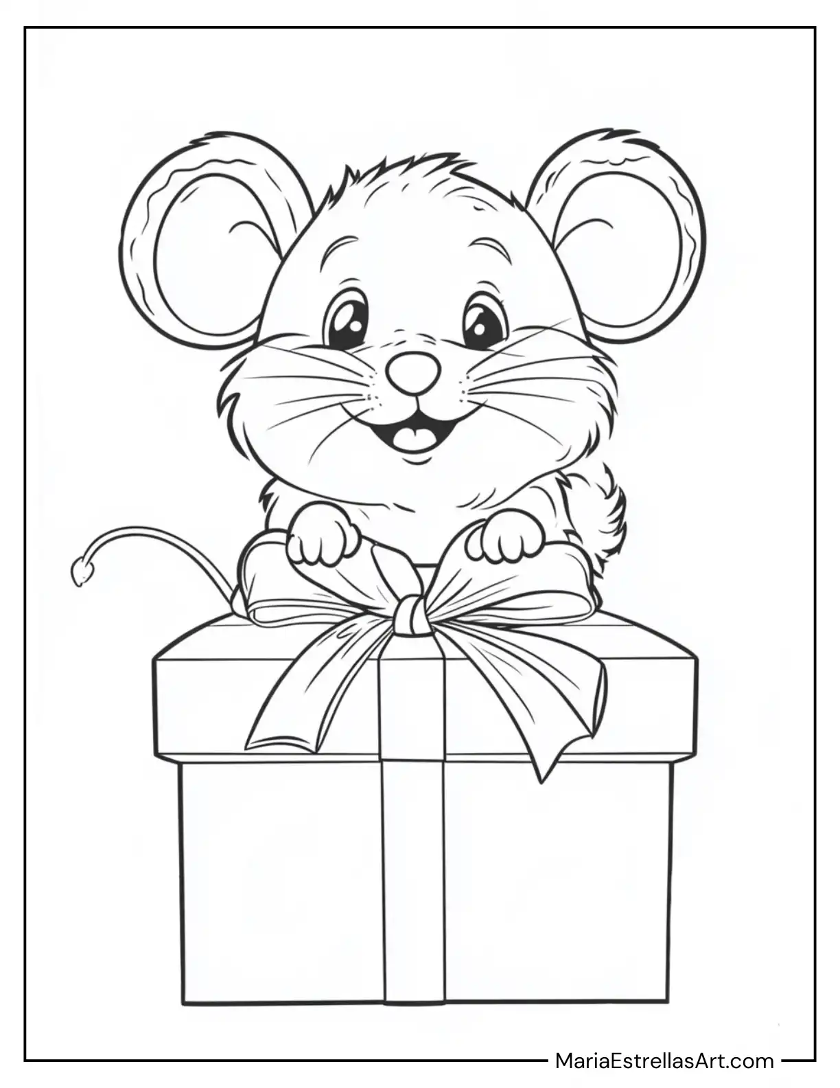 Tiny Mouse Hiding Behind a Present Coloring Sheet