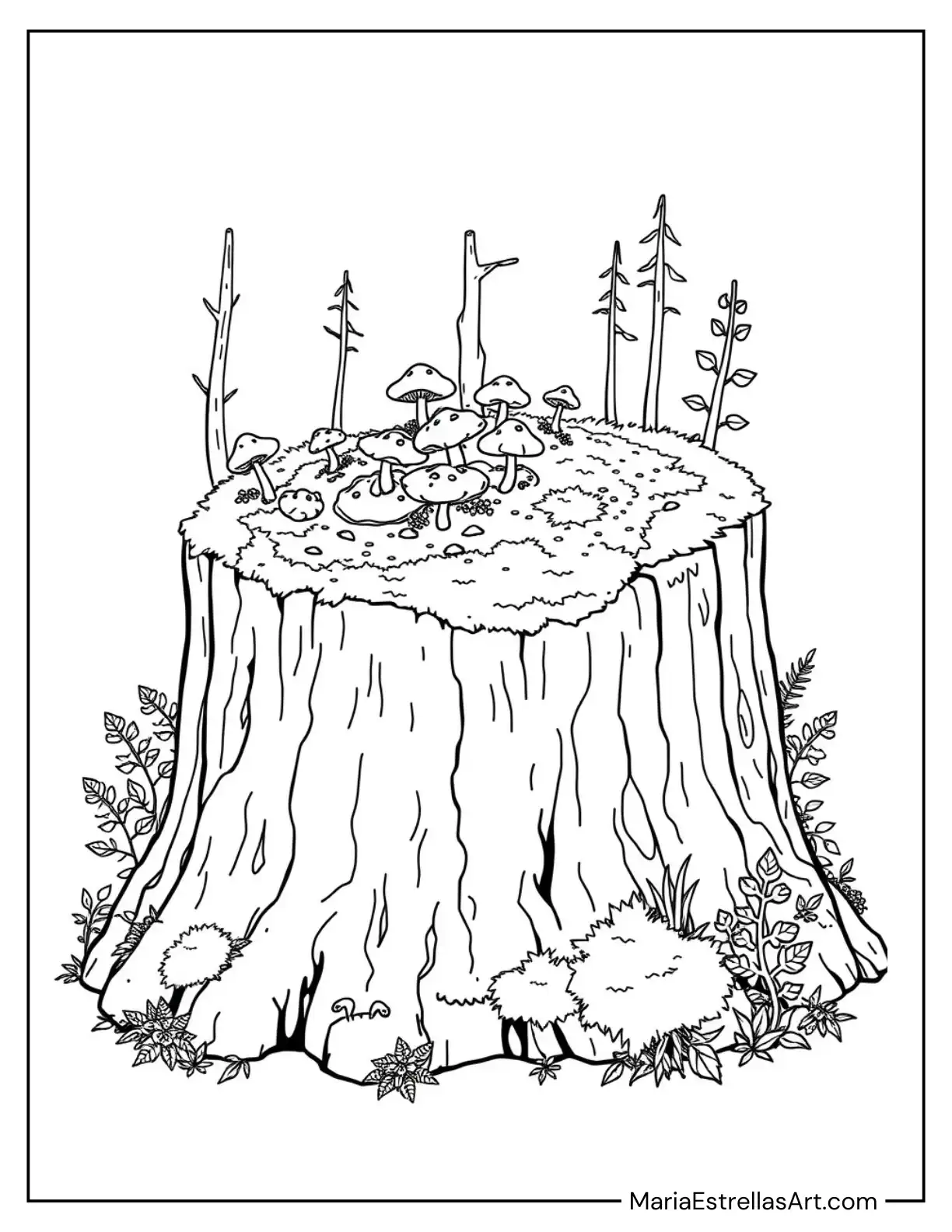 Tree Stump Covered with Moss and Tiny Mushrooms Coloring Sheet