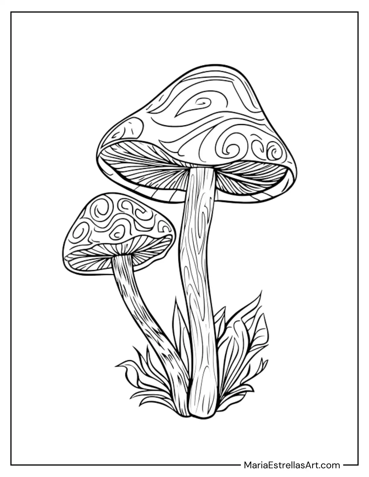 Trippy Mushrooms with Swirling Patterns Coloring Sheet