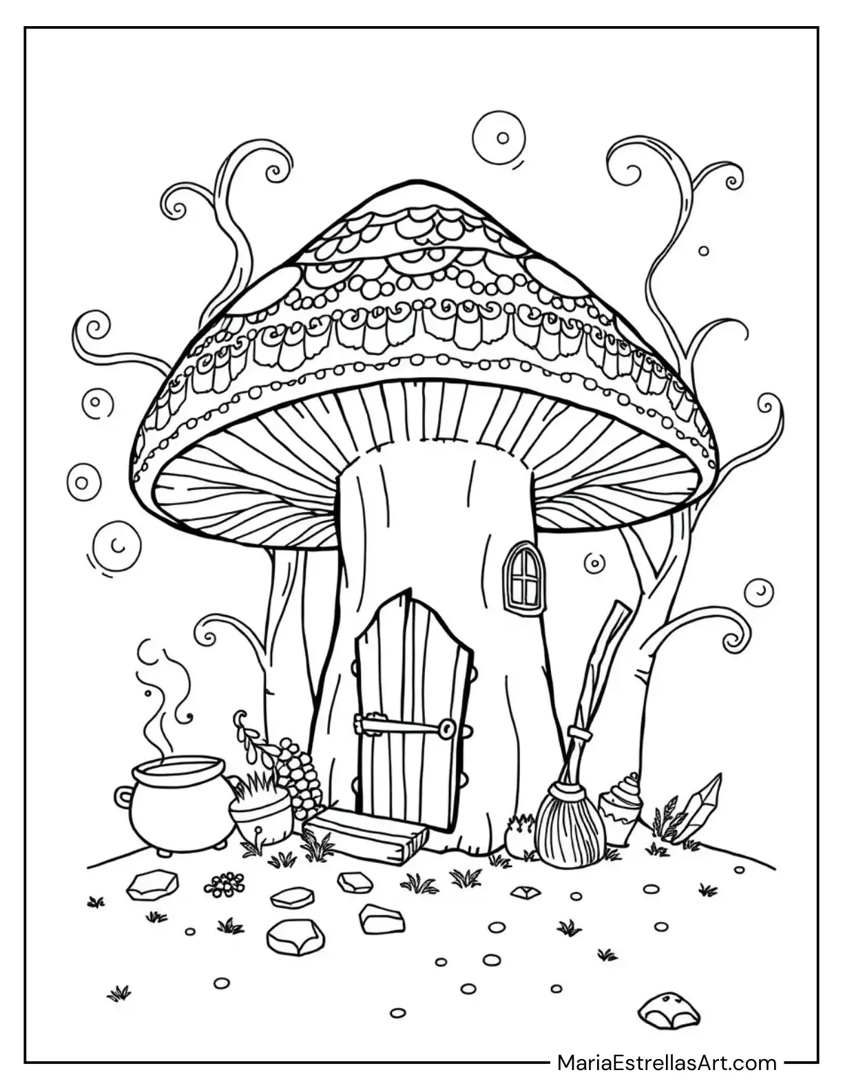 Witch’s Hut Built into a Giant Mushroom Coloring Sheet