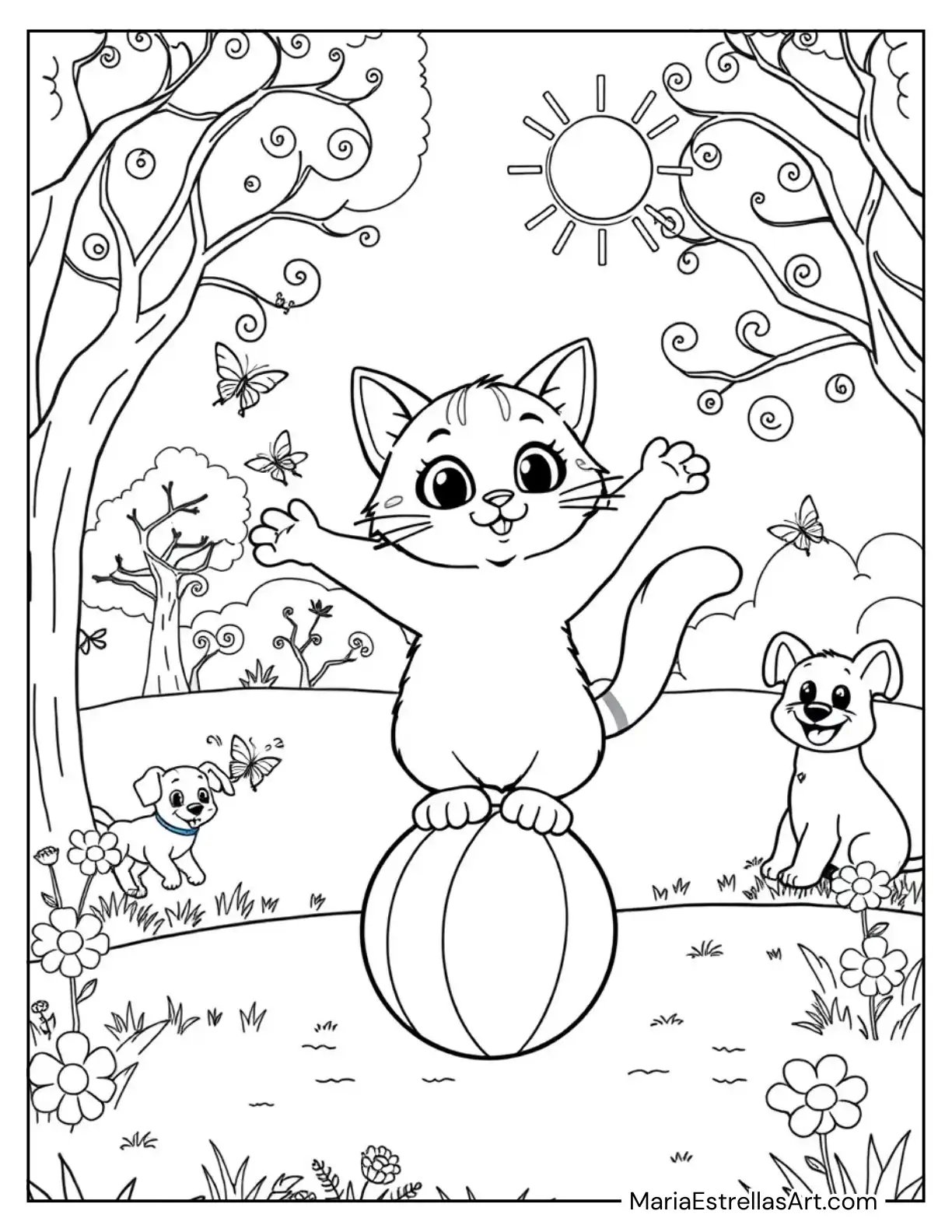 Adorable Cat Doing Funny Tricks Coloring Sheet