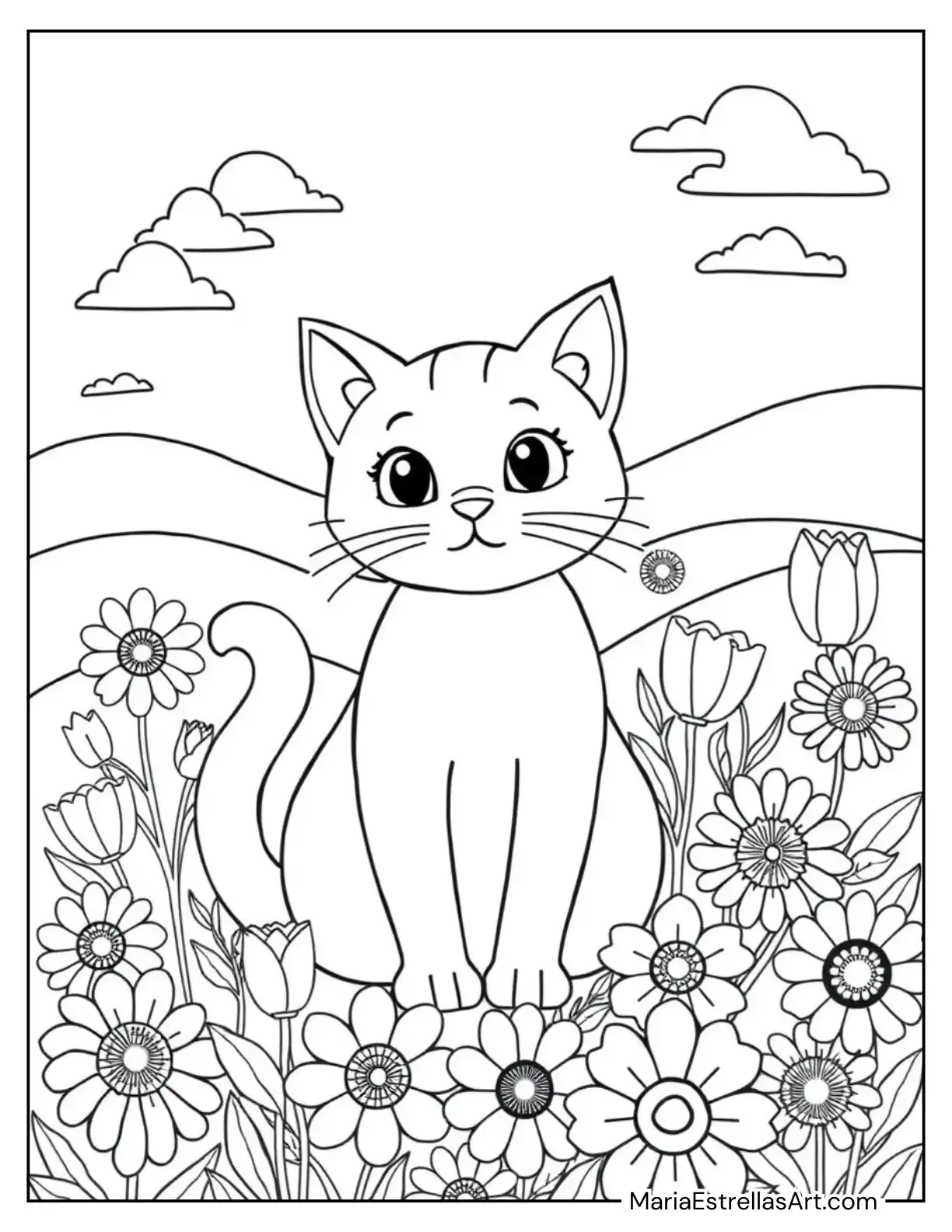 Adorable Cat and Blooms Coloring Page