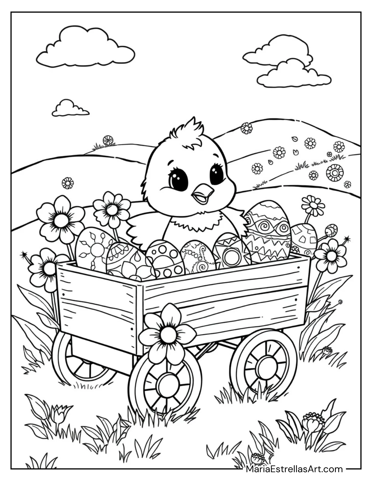 Adorable Chick in a Wagon Full of Easter Eggs