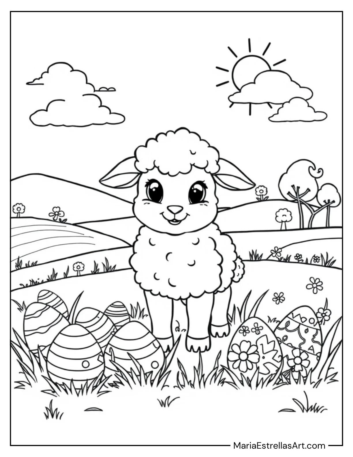 Adorable Lamb with an Easter Egg Coloring Sheet