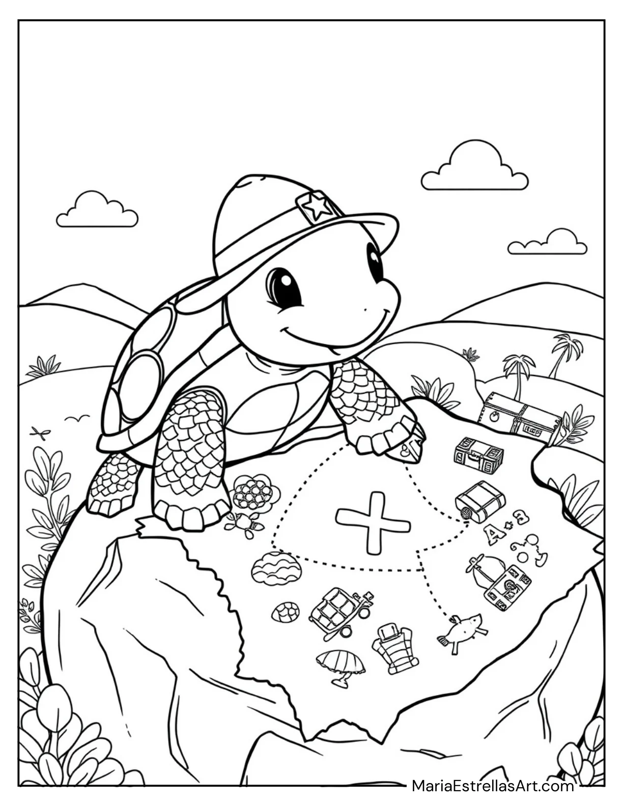 Adorable Turtle Exploring a Treasure Map