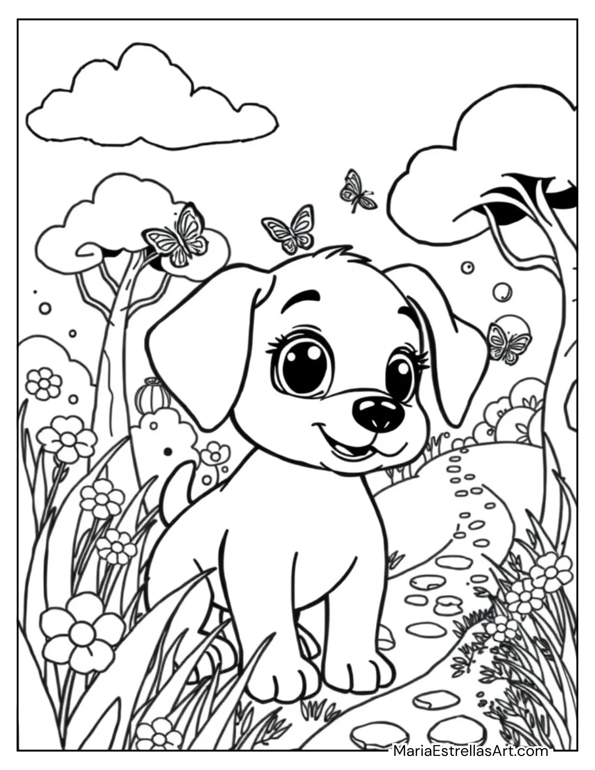 Adventurous Puppy in the Woods Coloring Page