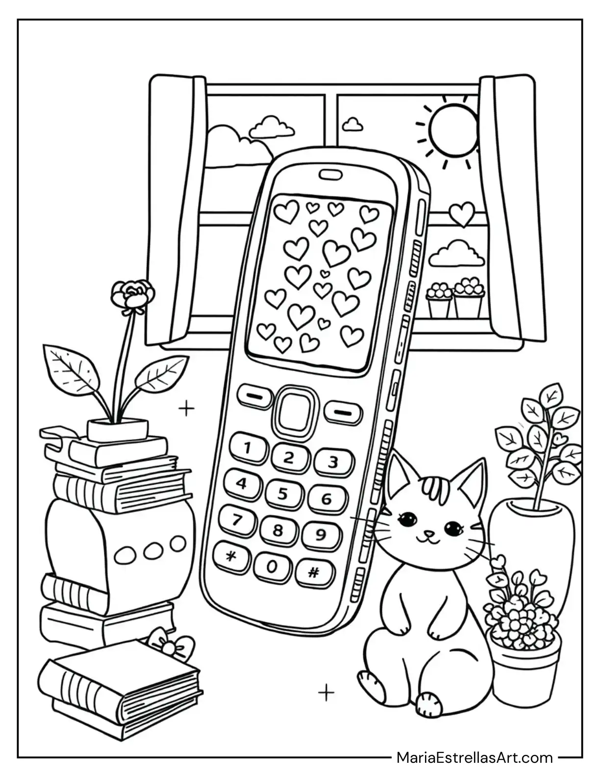 Aesthetic Keypad Phone With Hearts to Color for Kids