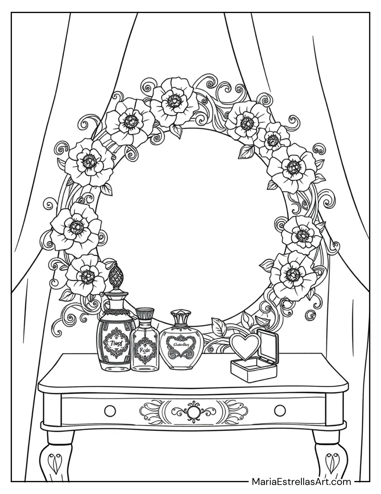 Aesthetic Vanity With a Round Mirror Coloring Sheet