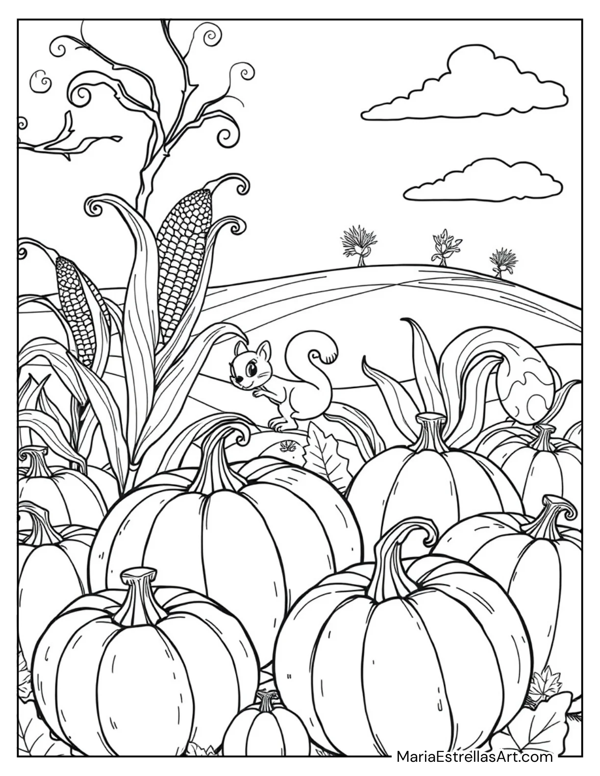 Autumn Harvest with Pumpkins and Corn for Kids to Color