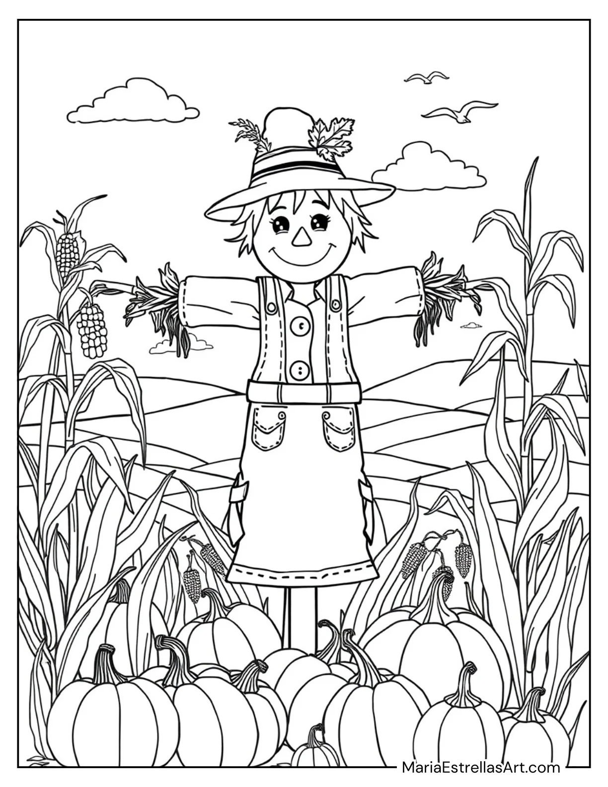 Autumn Scarecrow Surrounded by Cornstalks and Gourds