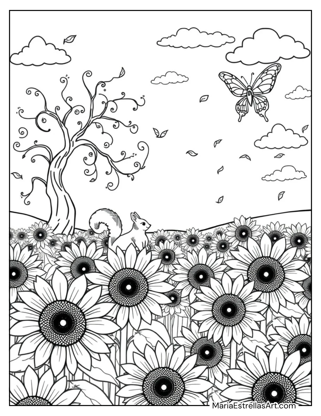 Autumn Sunflower Field for Kids to Color