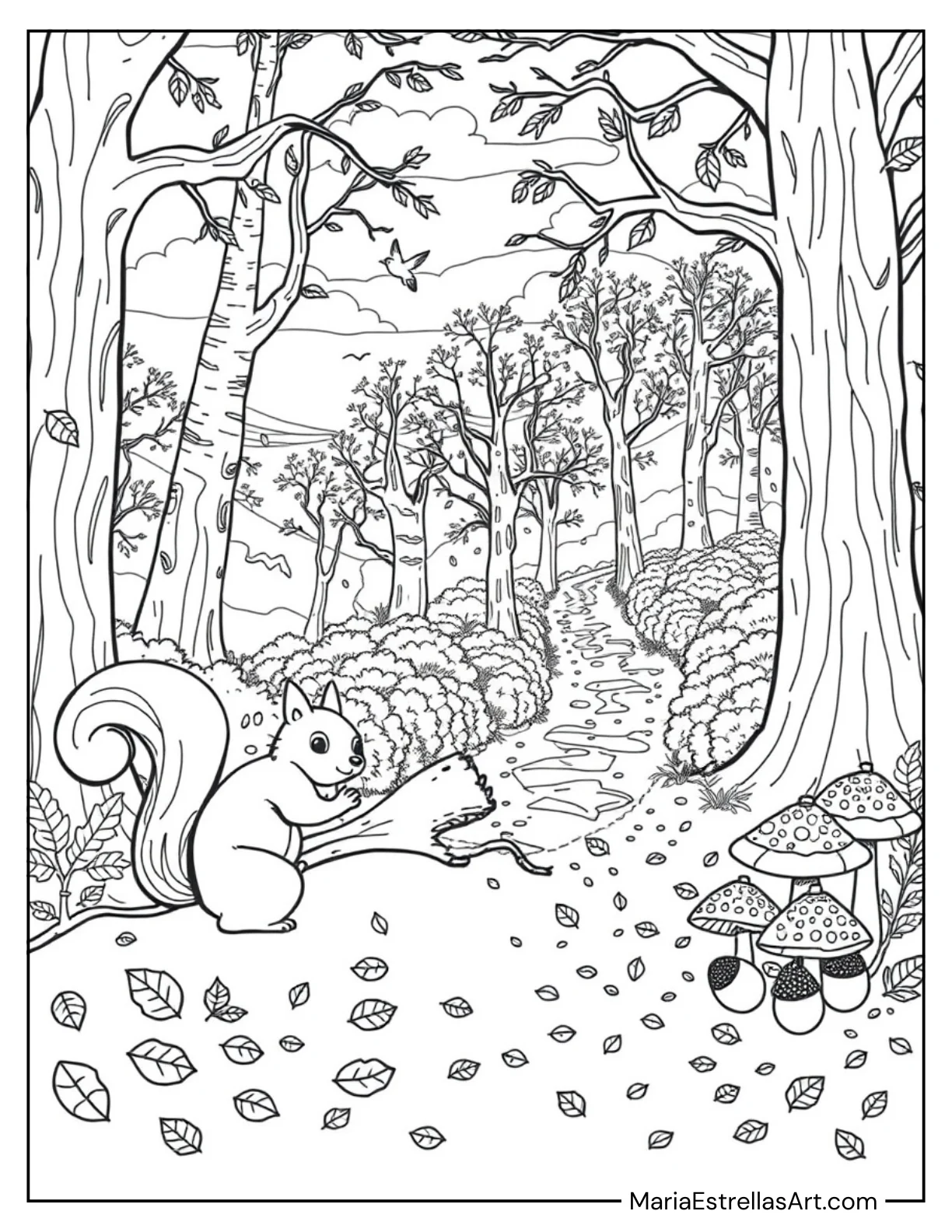 Autumn Woods with Falling Leaves Coloring Sheet