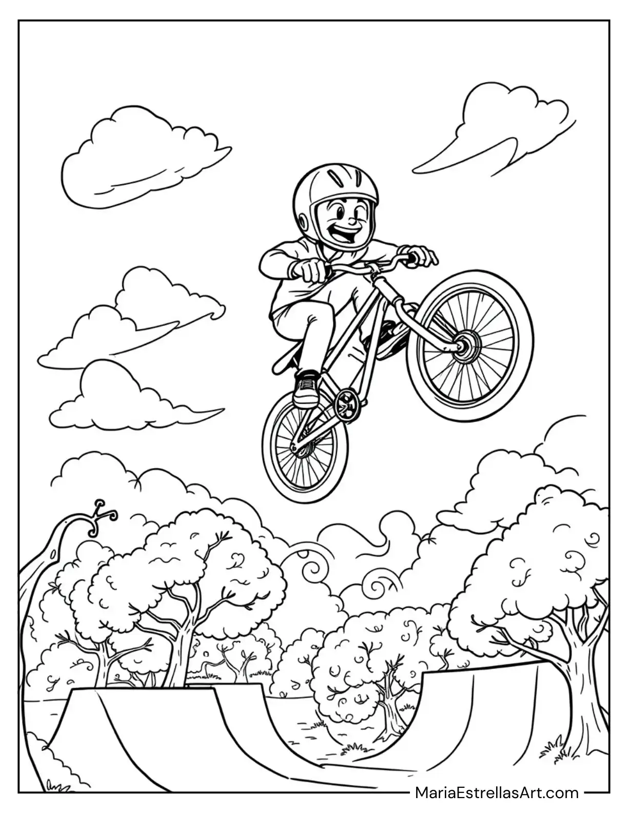 BMX Rider Mid-Air Performing a Cool Trick Coloring Page