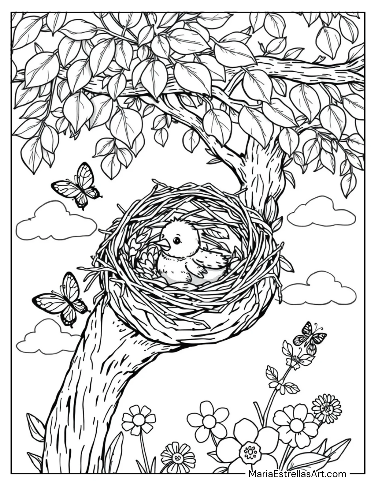 Baby Bird in a Nest for Kids to Color