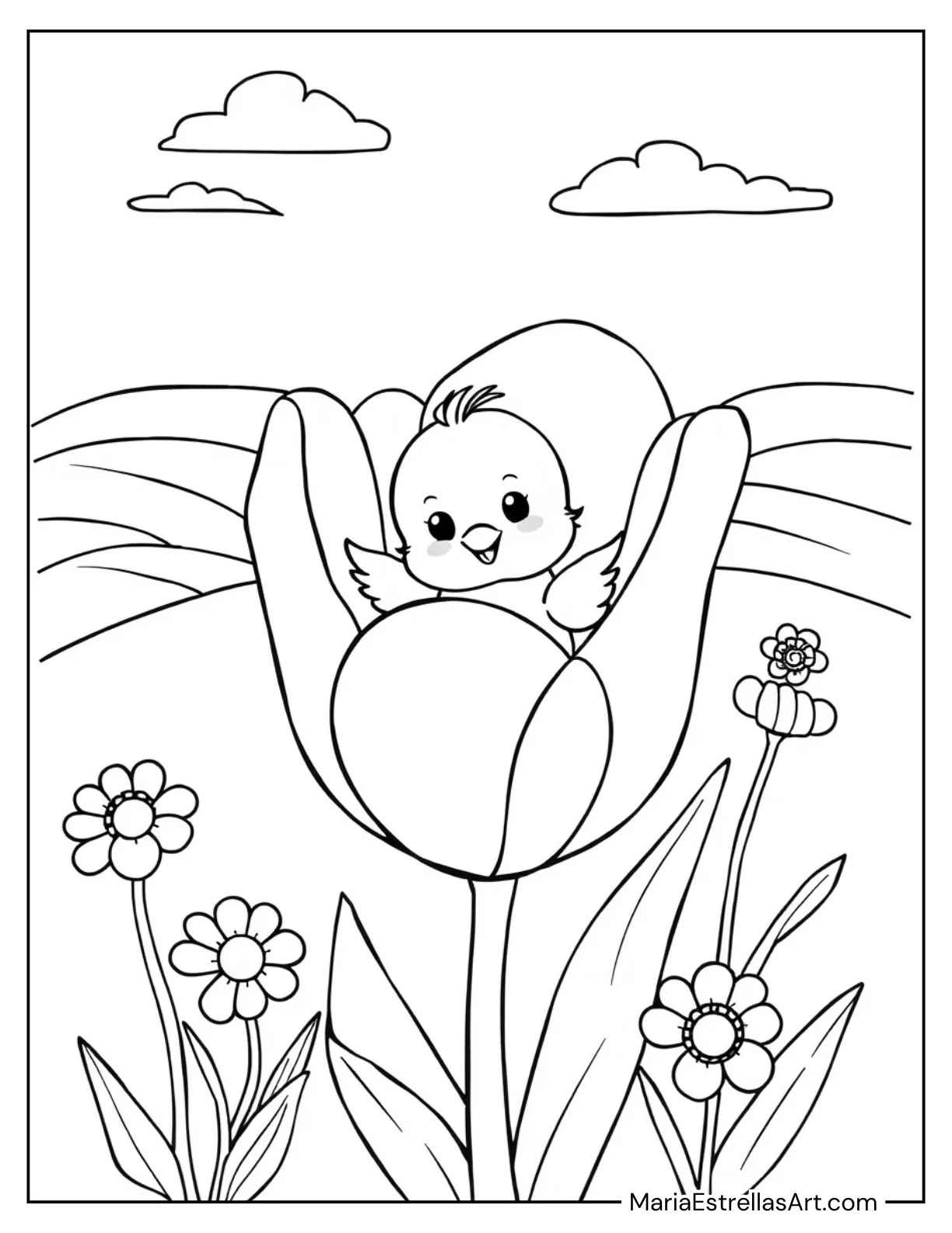 Baby Chick in a Tulip Flower for Kids to Color