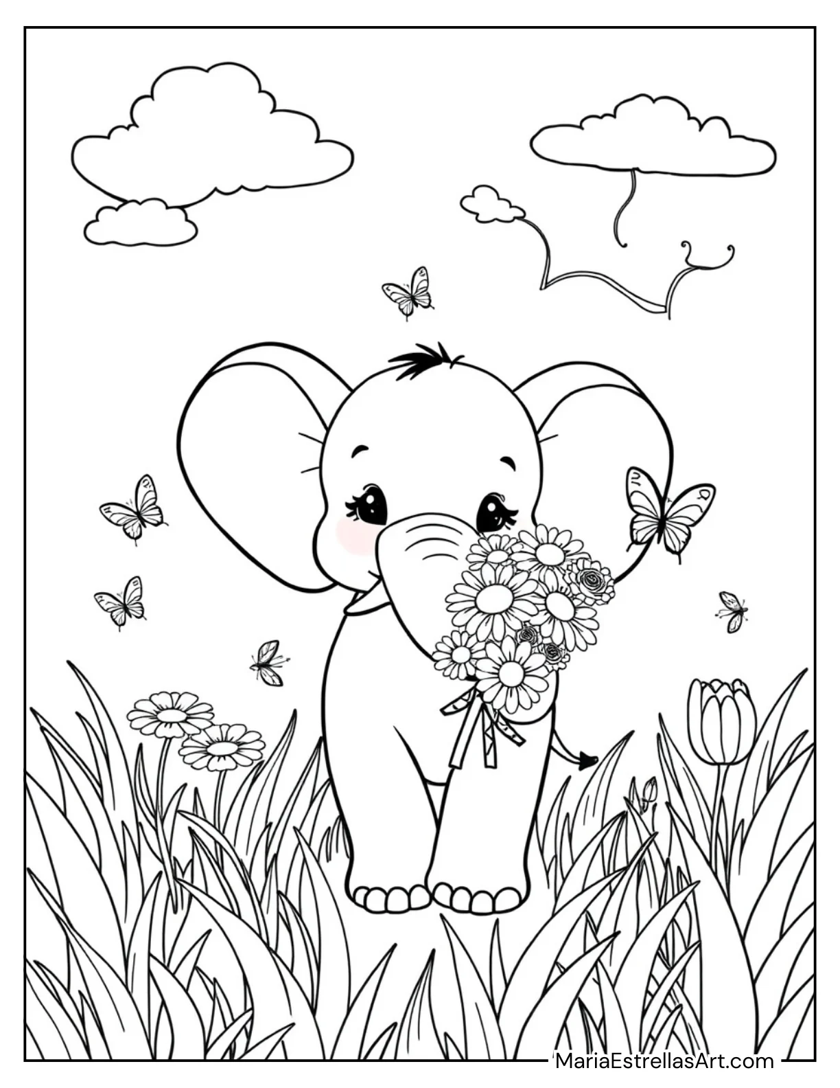 Baby Elephant Holding Flowers Cute Animals Coloring Page