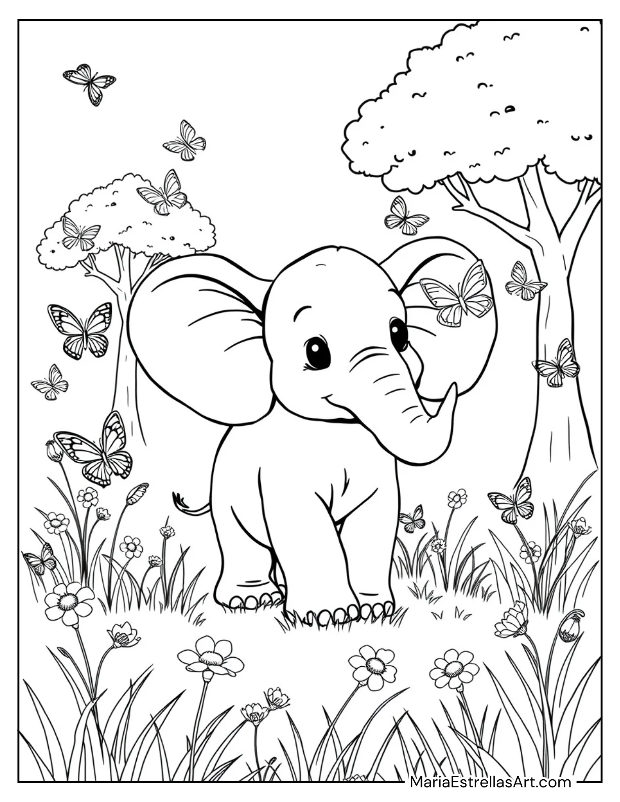 Baby Elephant Playing With Butterflies to Color for Kids