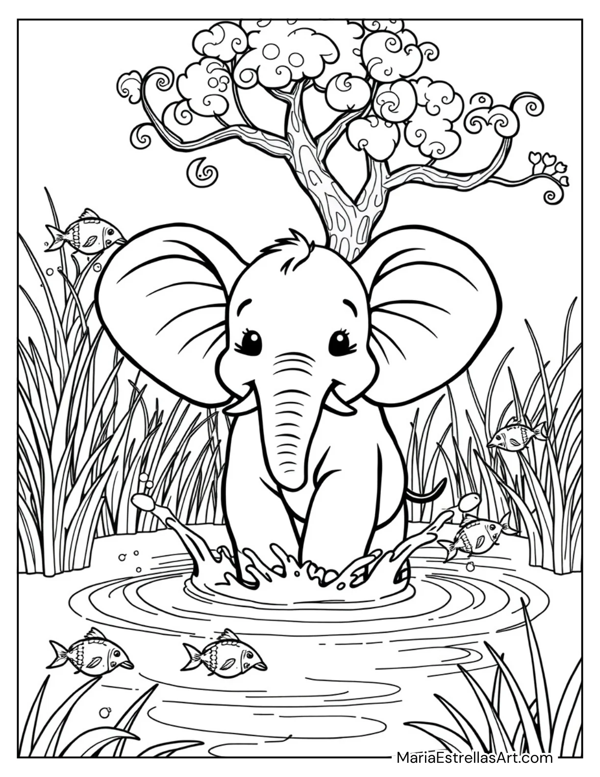 Baby Elephant Splashing Coloring Sheet