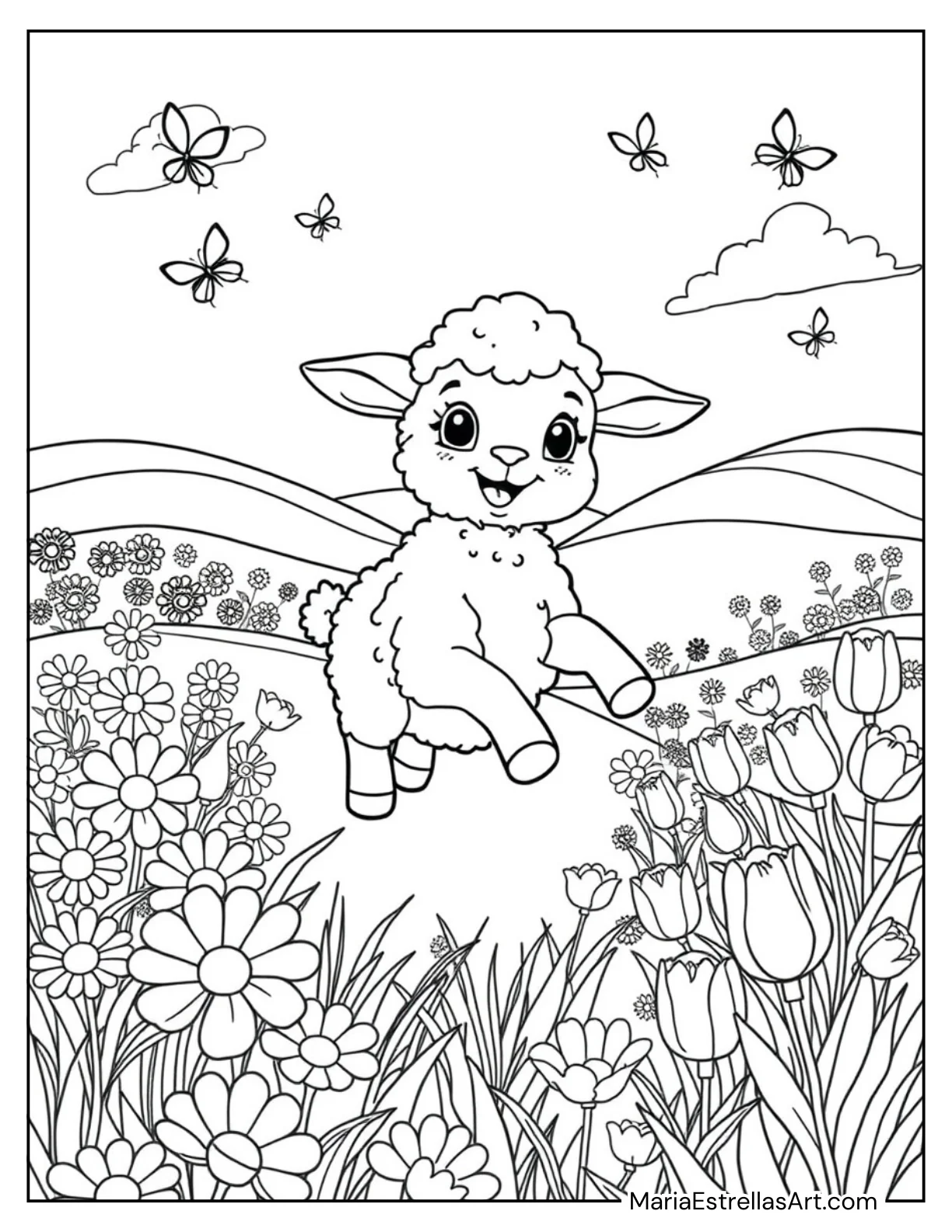 Baby Lamb Skipping in a Flower Field Coloring Page