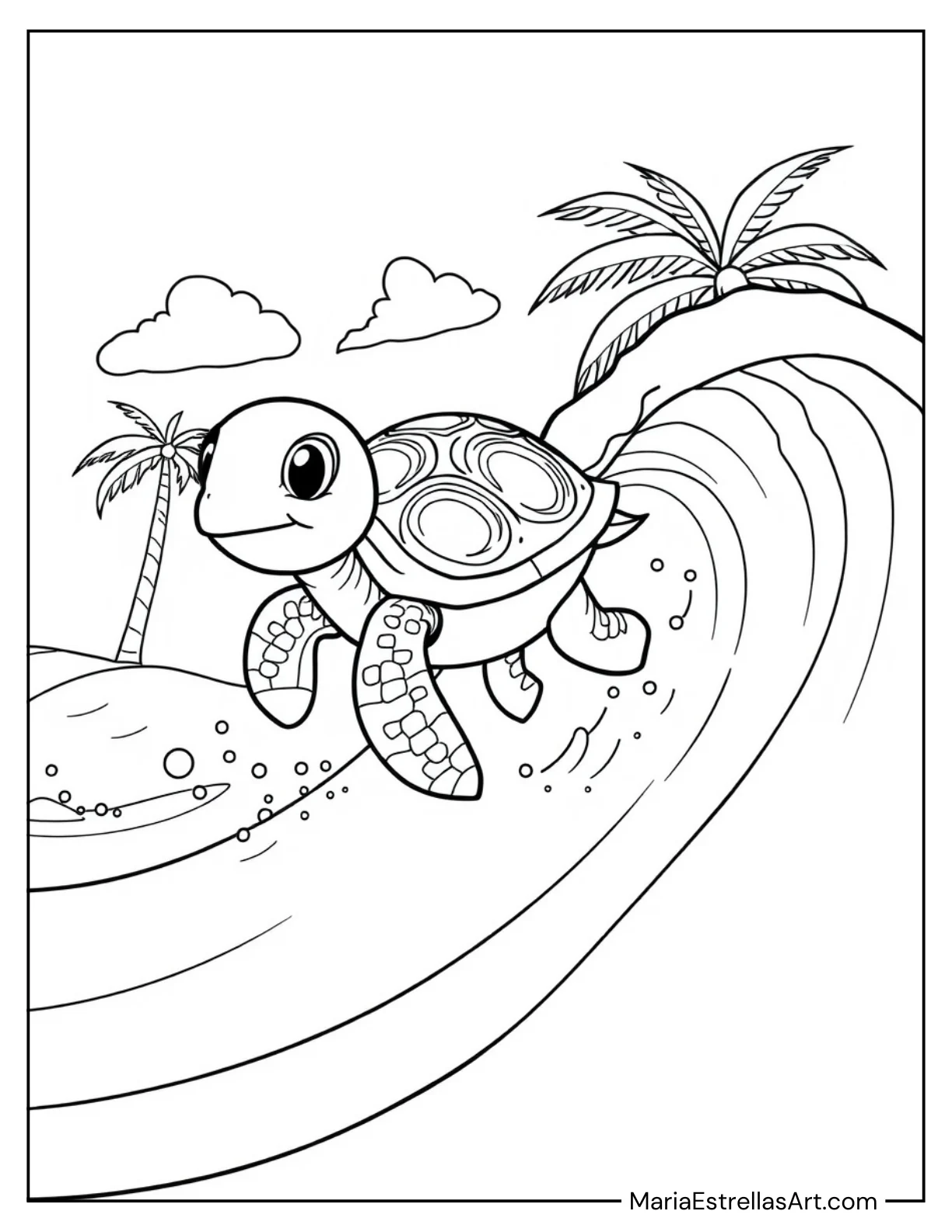 Baby Turtle Surfing on a Wave for Kids to Color