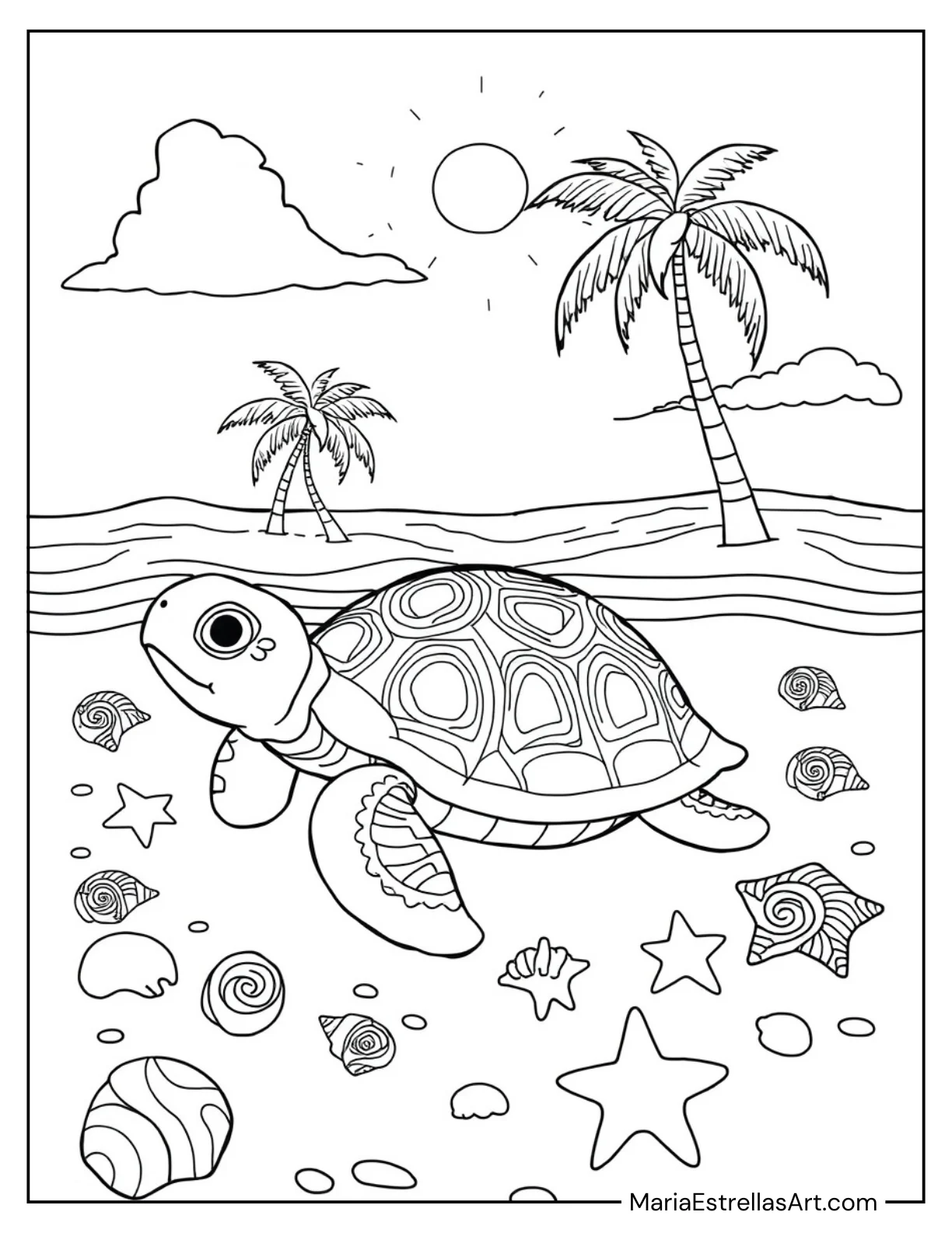 Baby Turtle on the Beach Coloring Sheet