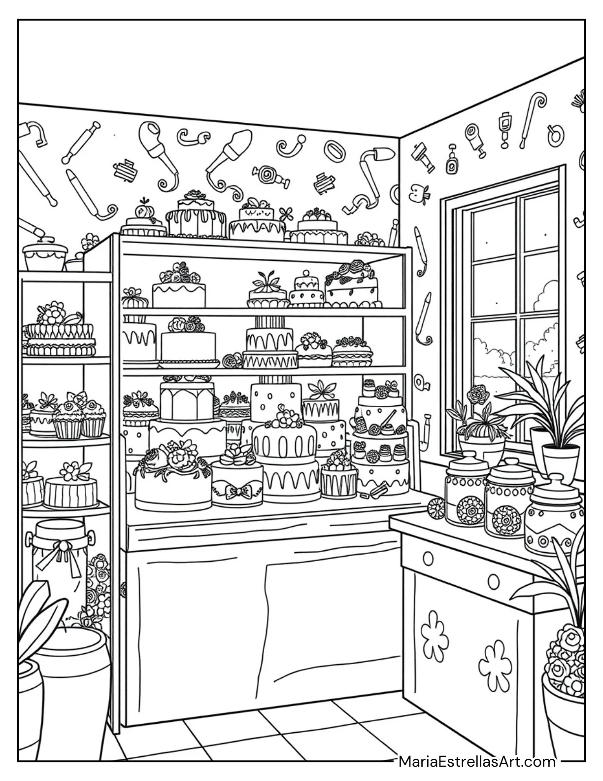 Bakery Corner With Displayed Cakes to Color for Kids