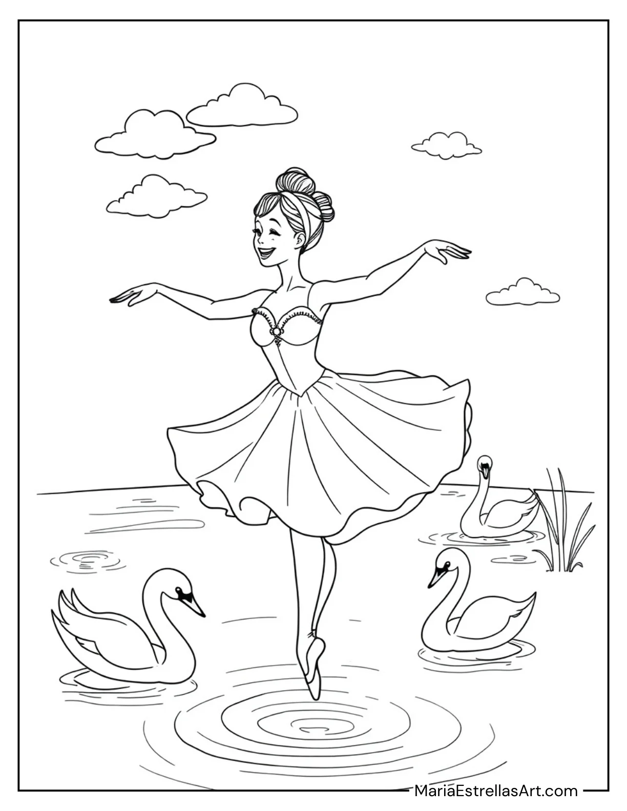 Ballerina Dancing Beside Elegant Swans Coloring Page