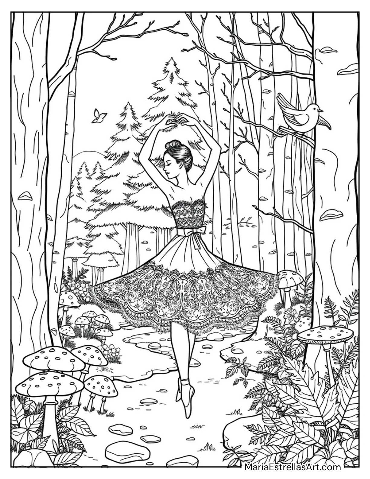 Ballerina Dancing in a Forest Coloring Page