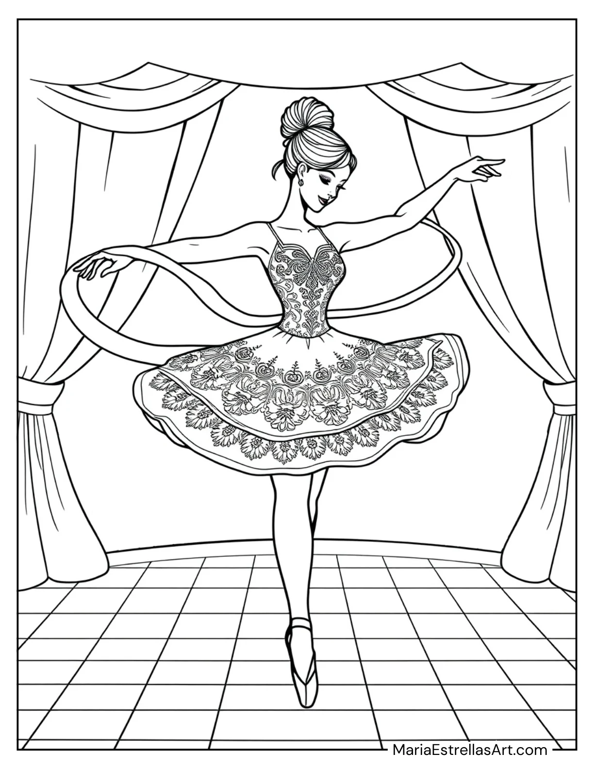 Ballerina Spinning With a Ribbon to Color for Kids