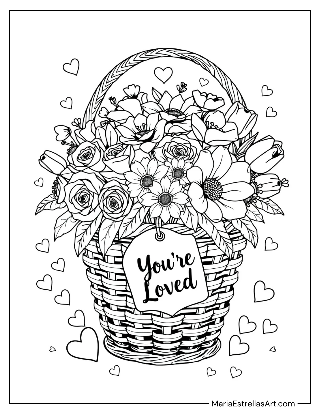 Basket of Valentine’s Flowers With a Tag Coloring Page