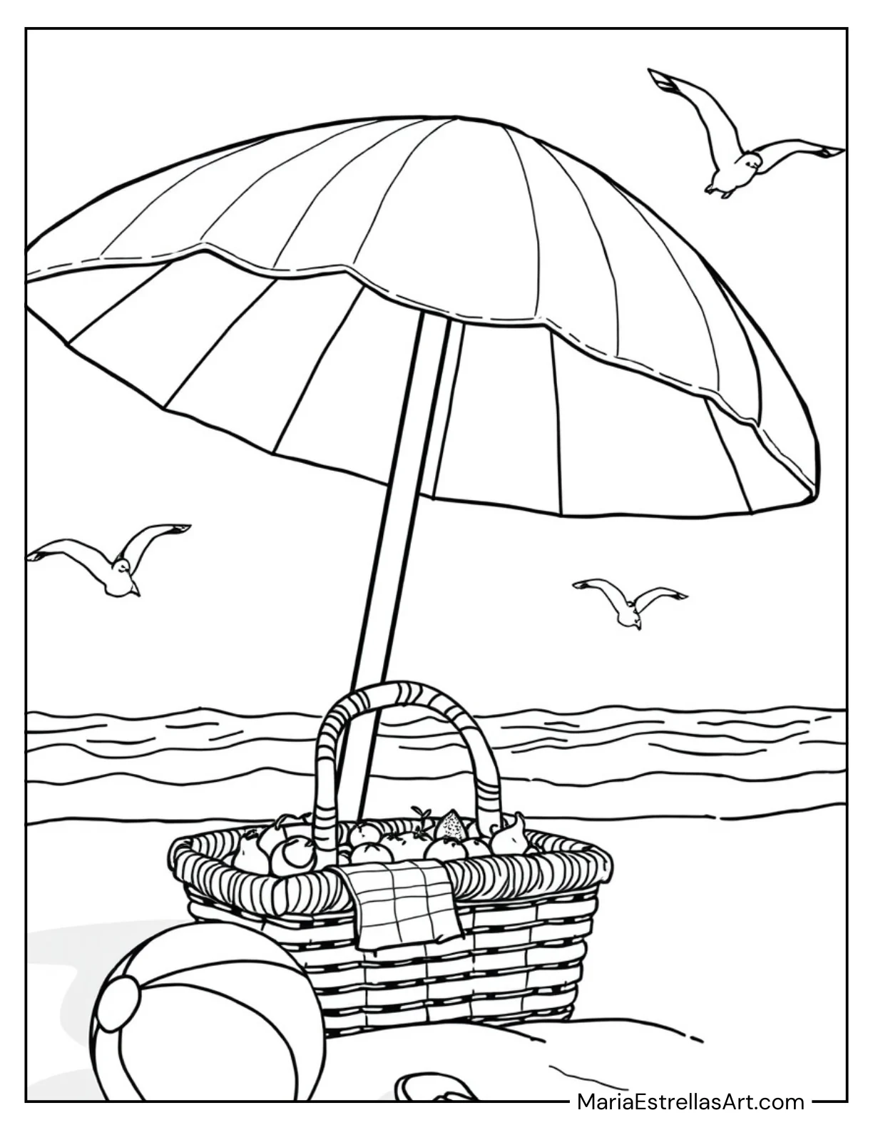 Beach Umbrella with a Picnic Basket