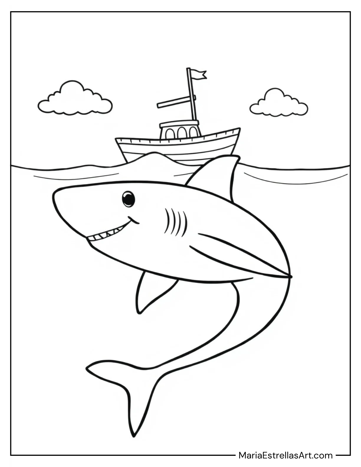 Big Shark Swimming Beneath a Boat Coloring Sheet