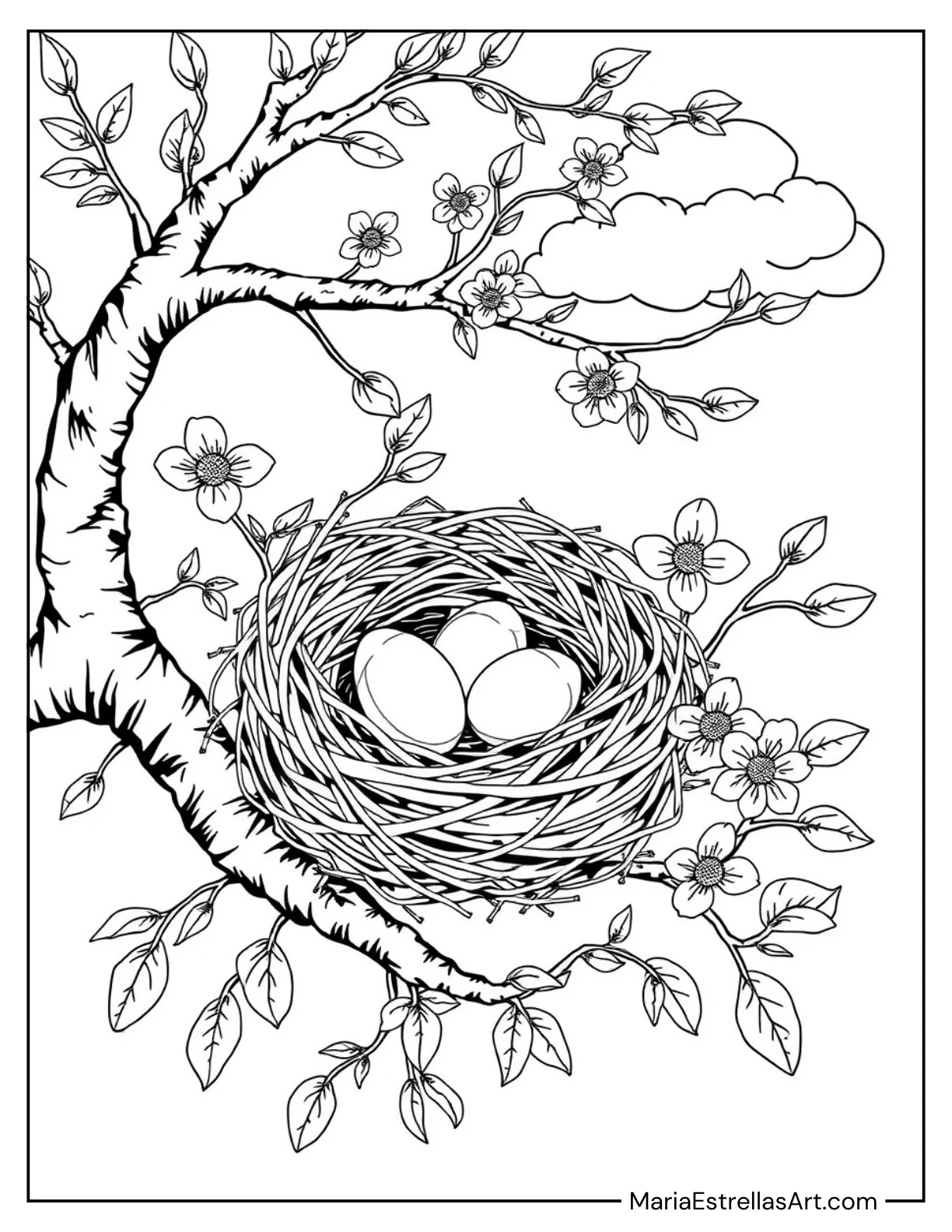 Bird Nest with Eggs and Blossoms Spring Coloring Page