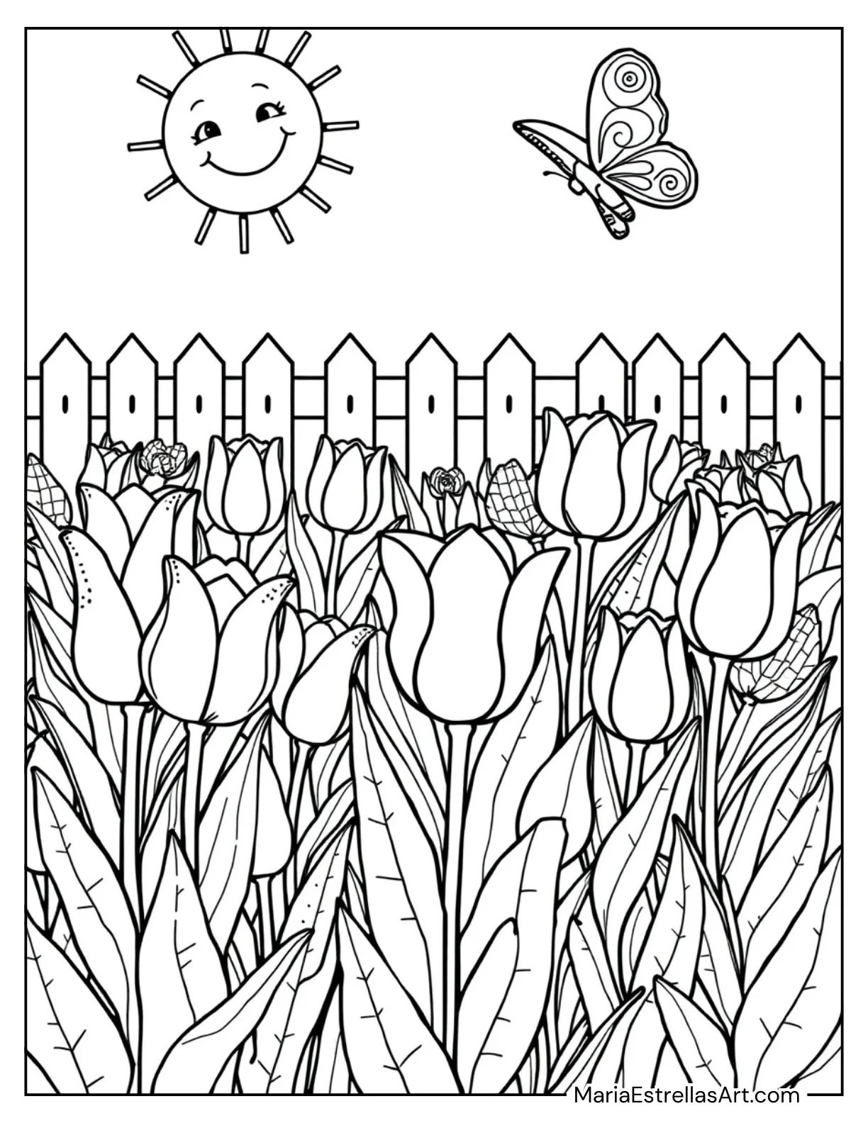 Blooming Tulip Garden Spring Coloring Page