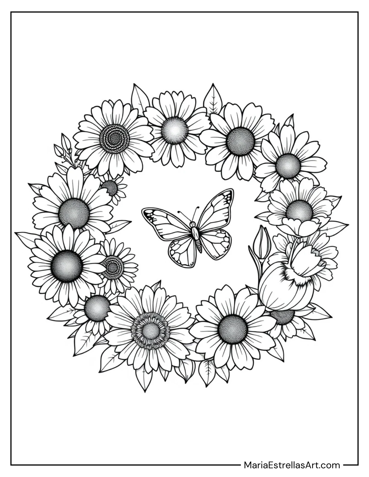 Blooming Wildflower Wreath Spring Coloring Sheet