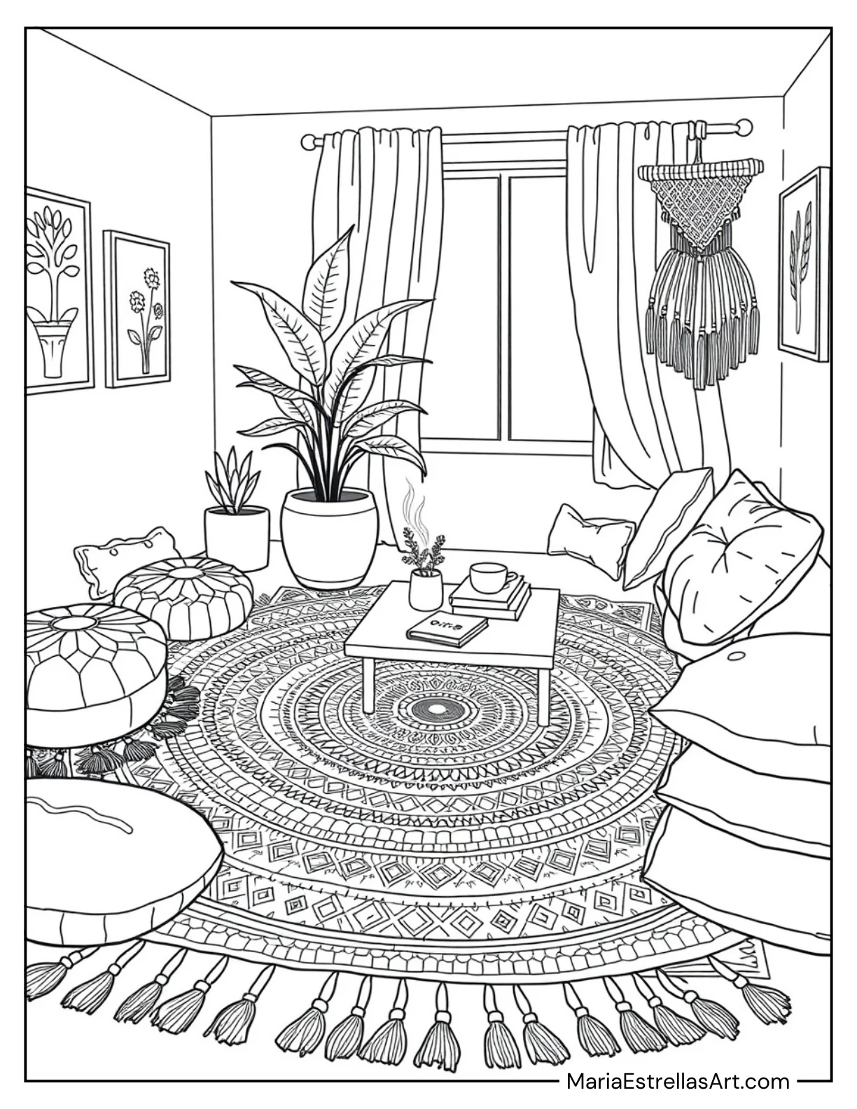 Bohemian Living Room With a Woven Rug Aesthetic Spaces Coloring Sheet