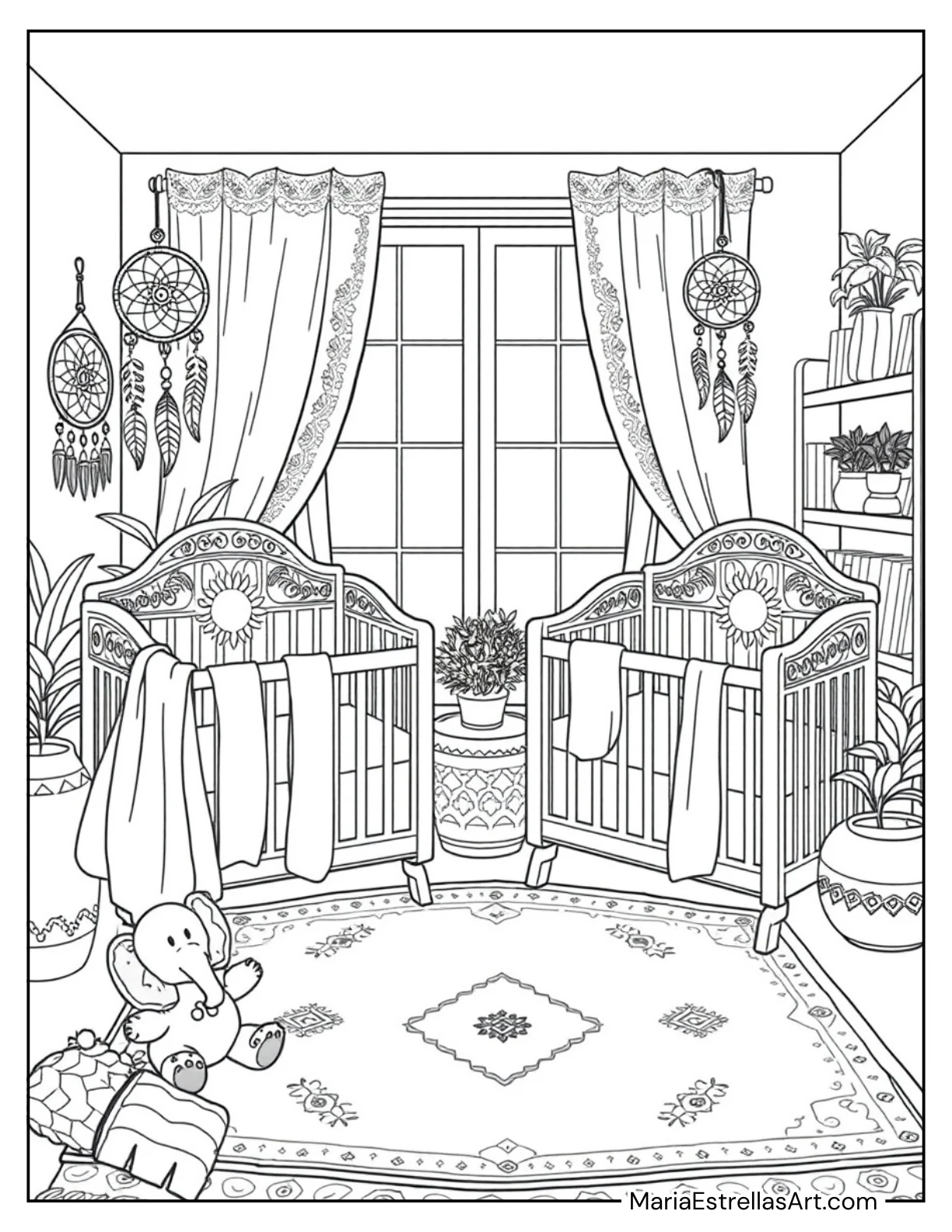 Boho Nursery With Wooden Cribs Aesthetic Spaces Coloring Page